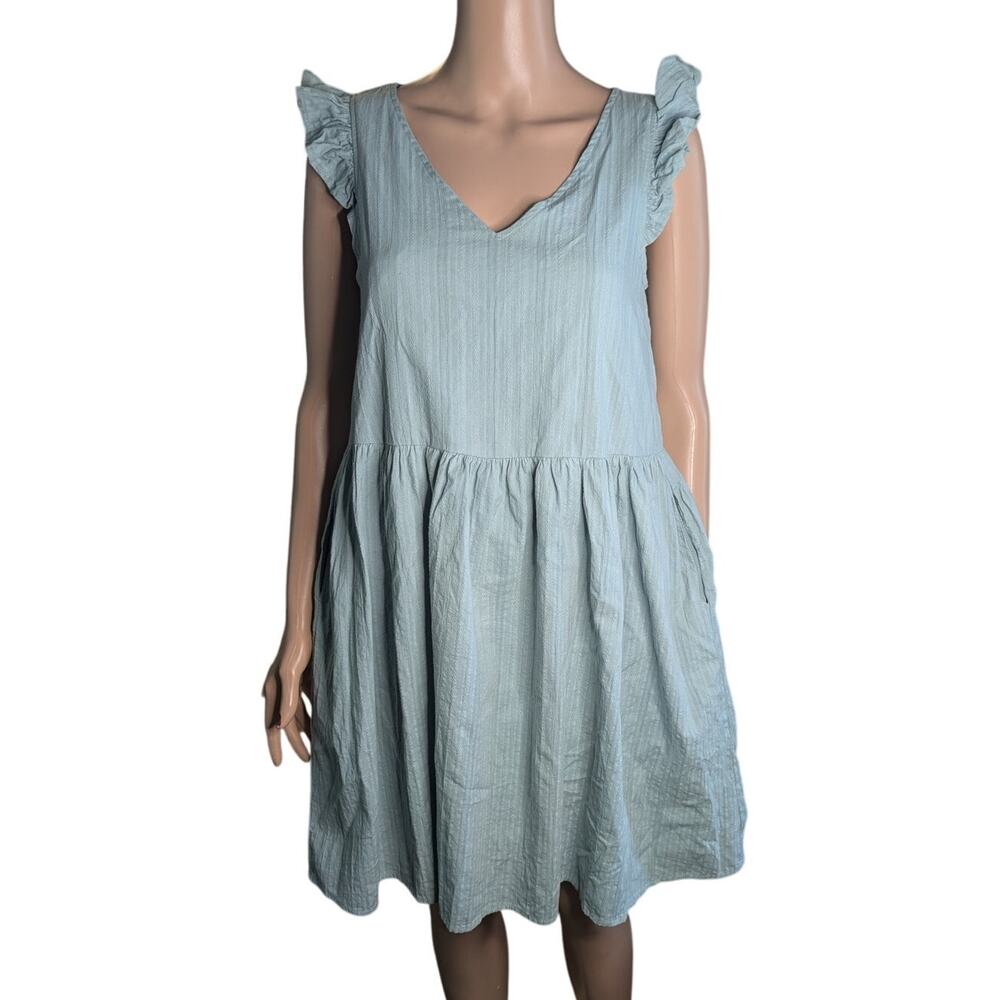 Listicle Size XS Oversized Blue Cotton Flutter Sleeve Knee Dress Cottage Pockets